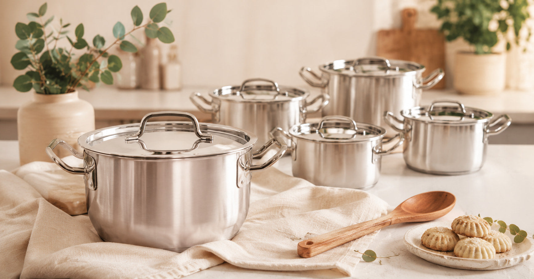 Cozy kitchen with stainless cookware and decor